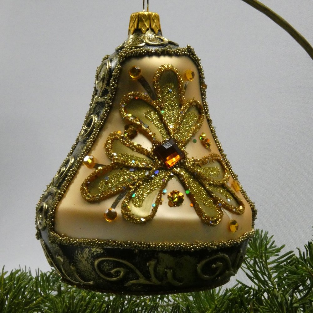 CHRISTMAS BELL Ornament 4-Inch Hand Made And Decorated Glass GOLD